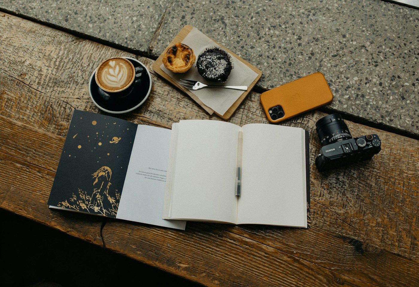 An open notebook and a cup of coffee on a wooden table